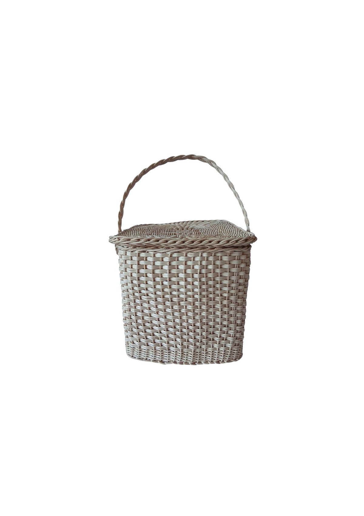 Cesta pequena estilo piquenique com tampa e abertura lateral, alça trançada, em fibra natural
